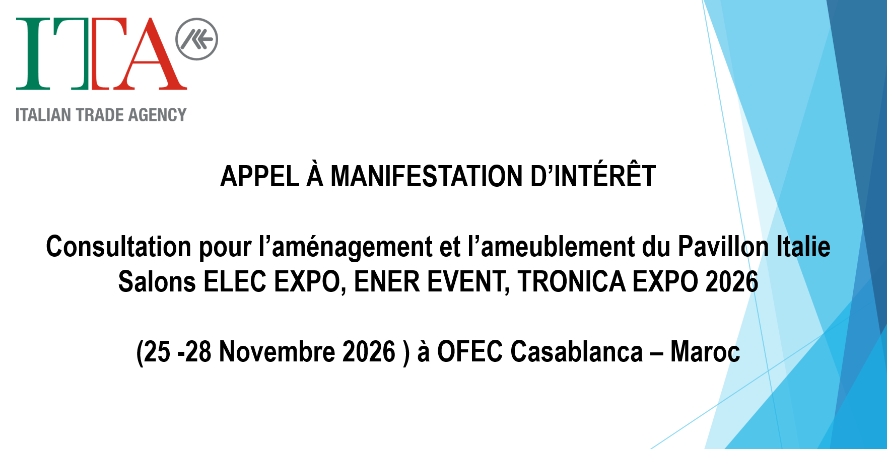appel d'offre aménagement pavillon Italie ELECEXPO 2026