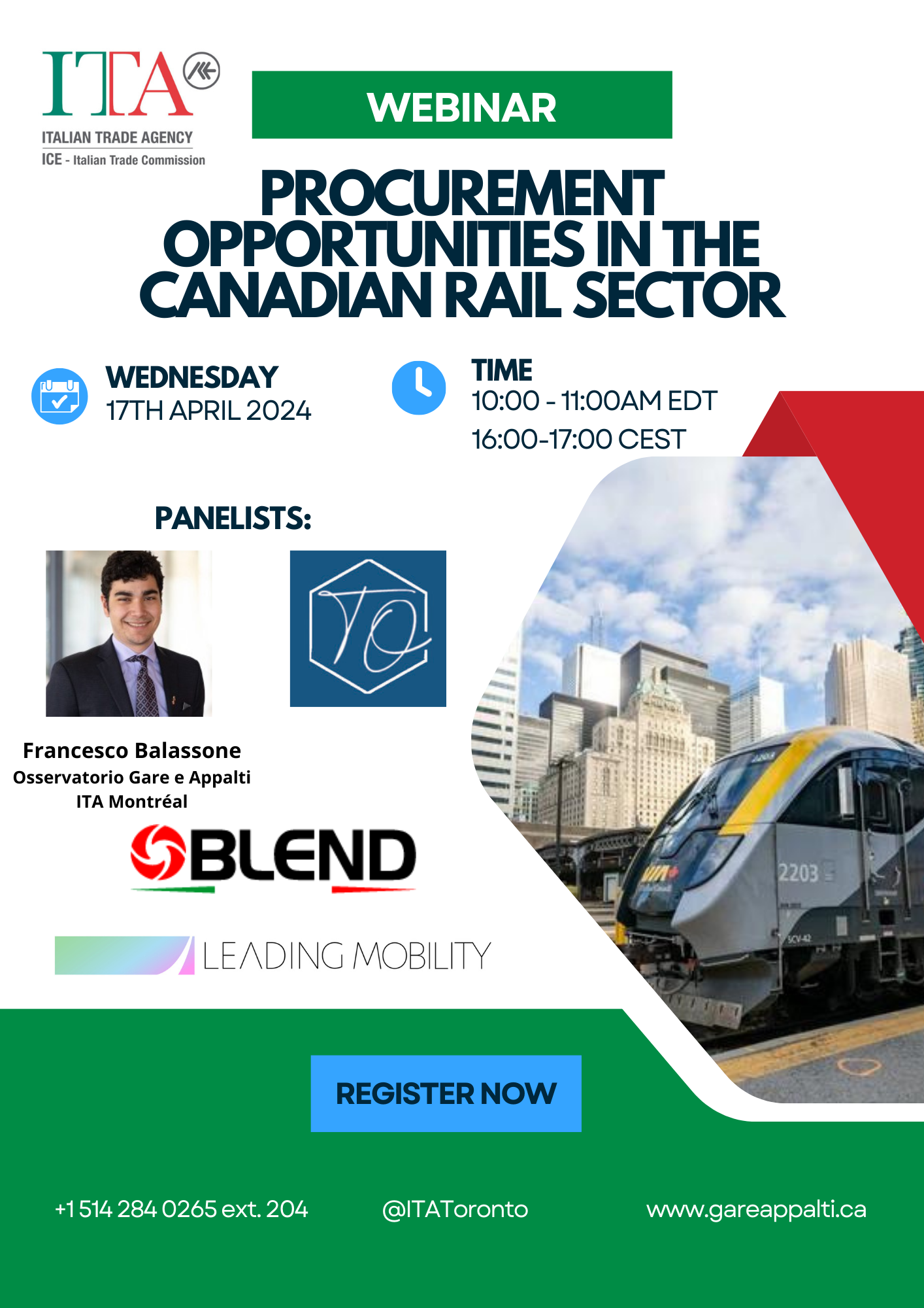 Webinar by the Osservatorio gare e appalti (17th April 2024): Rail Procurement Opportunities in Canada for Italian Companies Webinar rail procurement opportunities in Canada for Italians