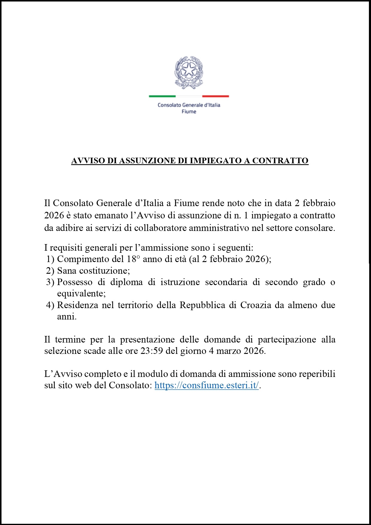 Avviso per l’assunzione di un impiegato a contratto - Consolato generale di Fiume