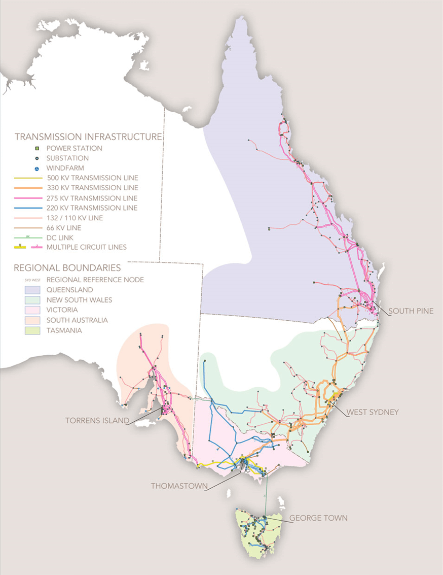Mappa del National Electricity Market (NEM) Australiano